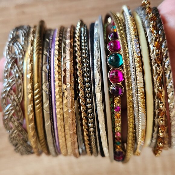 Large Gold & Silver Textured Boho Bohemian Gypsy Bangle Collection Lot Set - Picture 1 of 3